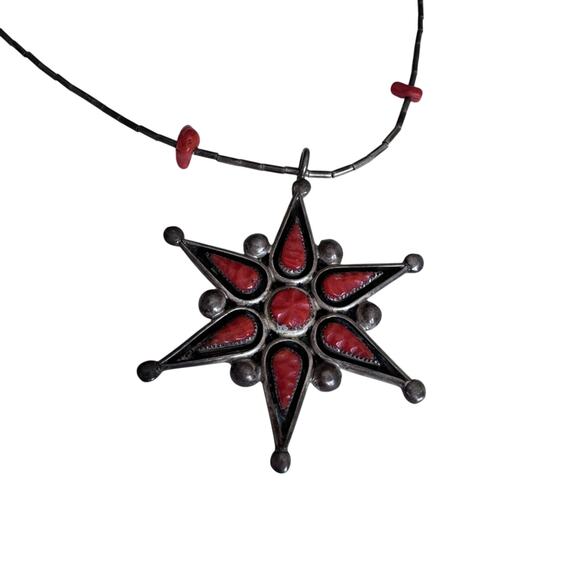 Native American Marked CP Zuni Silver Coral Star Pendant Necklace Barrel Clasp